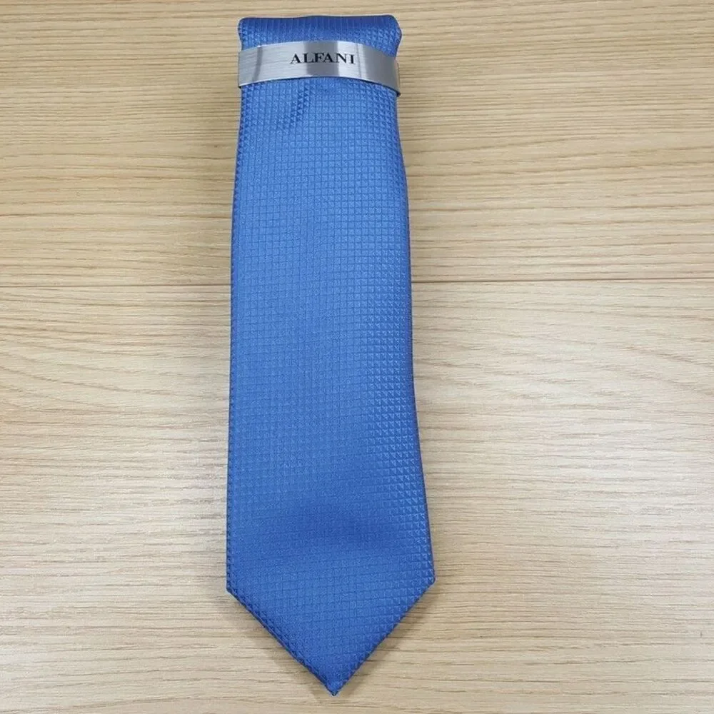 ALFANI Mens Neck Tie Solid Blue Slim Textured Micro Geo Pointed